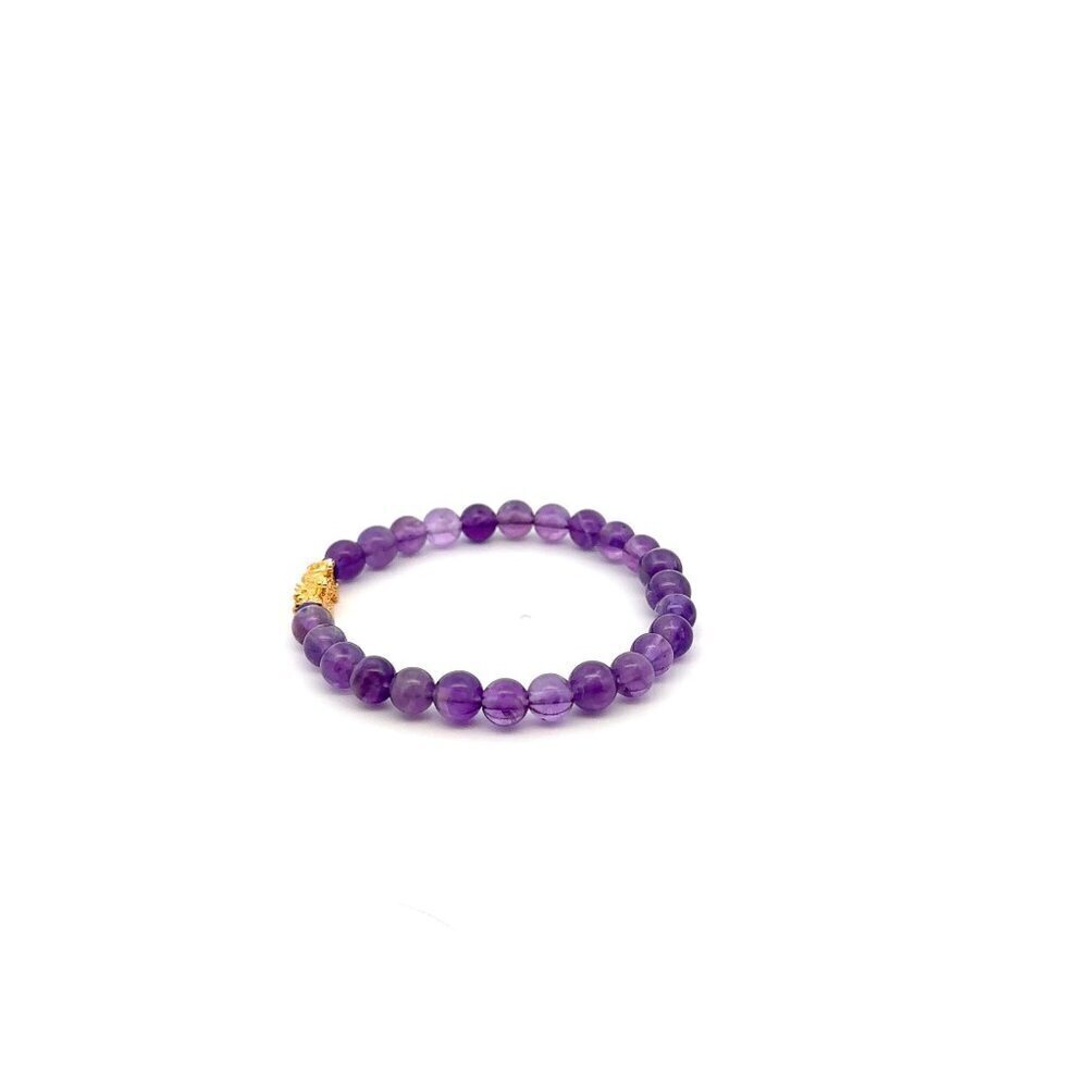 18K Gold Pixiu Piyao Lucky Charm Bracelet Natural Amethyst Gemstone 6mm February - Picture 3 of 5